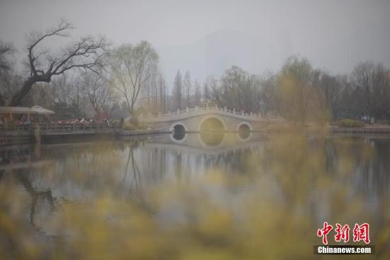 3月22日,北京遭遇霧霾天,空氣質(zhì)量達中度污染。圖為市民在北京植物園賞春花。 中新社記者 劉關(guān)關(guān) 攝